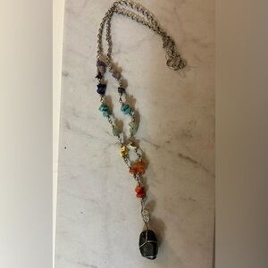 Multicolor Semi-Precious Chip Necklace with Black Wrapped Pendant